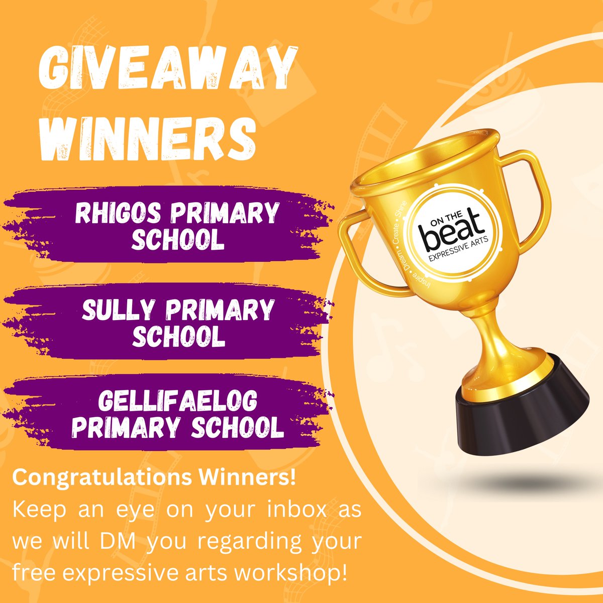 On the Beat Expressive Arts (@onthebeatea) on Twitter photo Our comp was very busy in the last few days...so we thought we'd keep it open for a few more days. But today is the day! Congrats to our winning primary schools who have won a free expressive arts workshop! They are <a href="/RhigosP23/">Rhigos Primary</a>, <a href="/SullyPS/">Sully Primary School</a> & <a href="/MissMartin1807/">Miss Martin</a> for <a href="/GellifaelogPri/">Gellifaelog Primary School</a> 🎉🏆 Our comp was very busy in the last few days...so we thought we'd keep it open for a few more days. But today is the day! Congrats to our winning primary schools who have won a free expressive arts workshop! They are <a href="/RhigosP23/">Rhigos Primary</a>, <a href="/SullyPS/">Sully Primary School</a> & <a href="/MissMartin1807/">Miss Martin</a> for <a href="/GellifaelogPri/">Gellifaelog Primary School</a> 🎉🏆