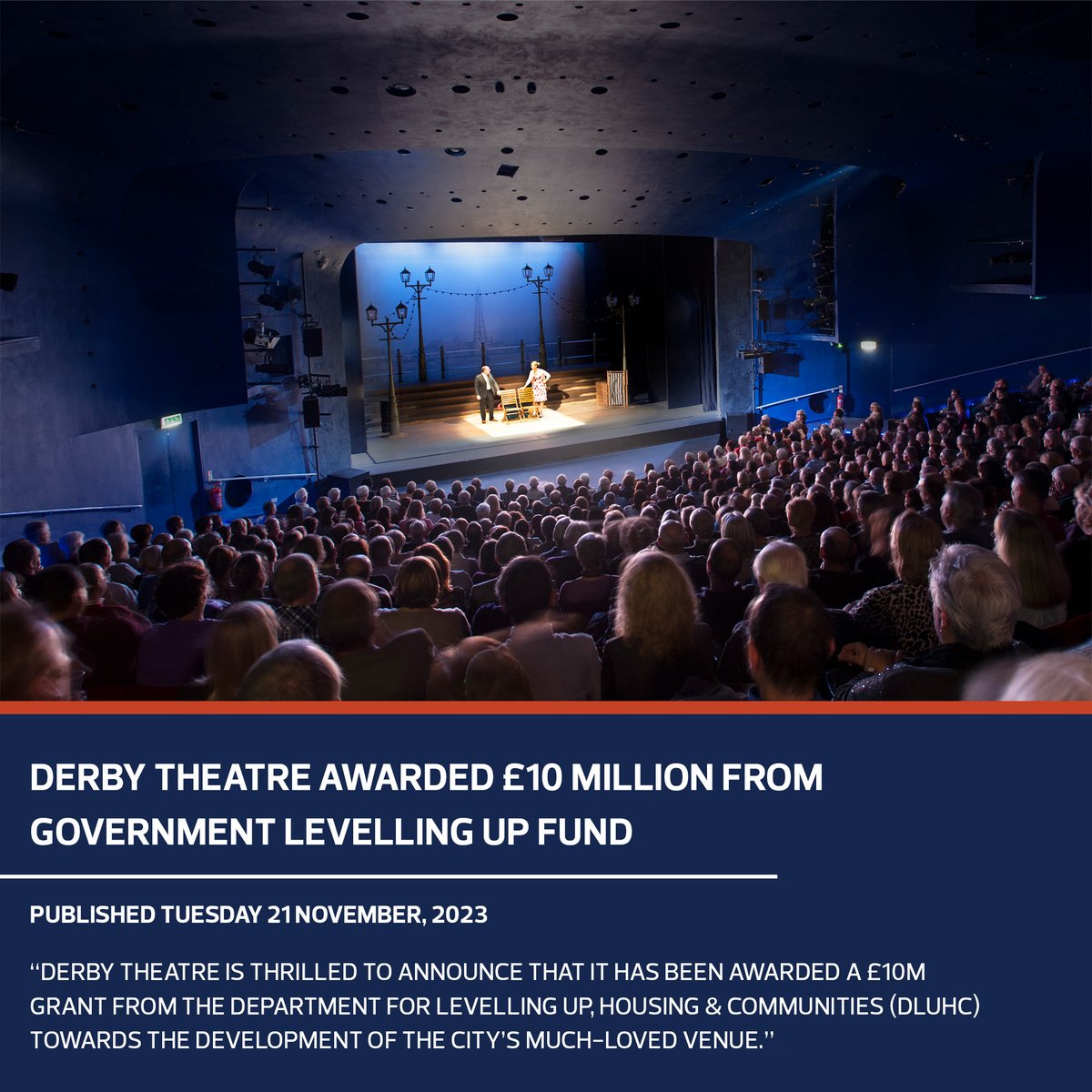 #DerbyTheatre is thrilled to share that we've been awarded a £10 million grant from @luhc! This funding will pave the way for a major project to enhance our beloved venue, including a new Studio theatre &amp; improved learning spaces. 

Full announcement here: bit.ly/3uqP8TJ