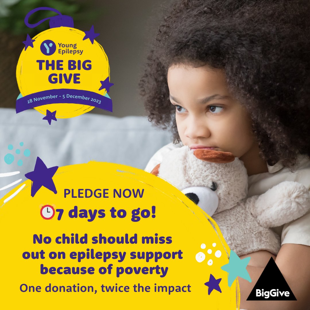 ⏰ Only 1 week left! Support our @BigGive campaign and help make a difference to children with epilepsy in deprived communities. Pledge your support now: youngepilepsy.org.uk/biggive

#BigGiveWeek #SupportChildrenWithEpilepsy #ChristmasChallenge #GivingTuesday