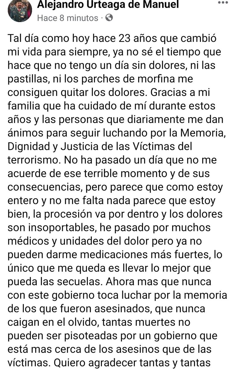 urteagaGC's tweet photo. Hoy hace 23 años que sufrí un atentado terrorista que me cambió la vida, ni un solo día sin dolores. Ahora más que nunca tengo que seguir luchando contra el olvido de los asesinados por el terrorismo, con un gobierno que está más cerca de los asesinos que de las víctimas. Memoria https://t.co/Agz1623ev7