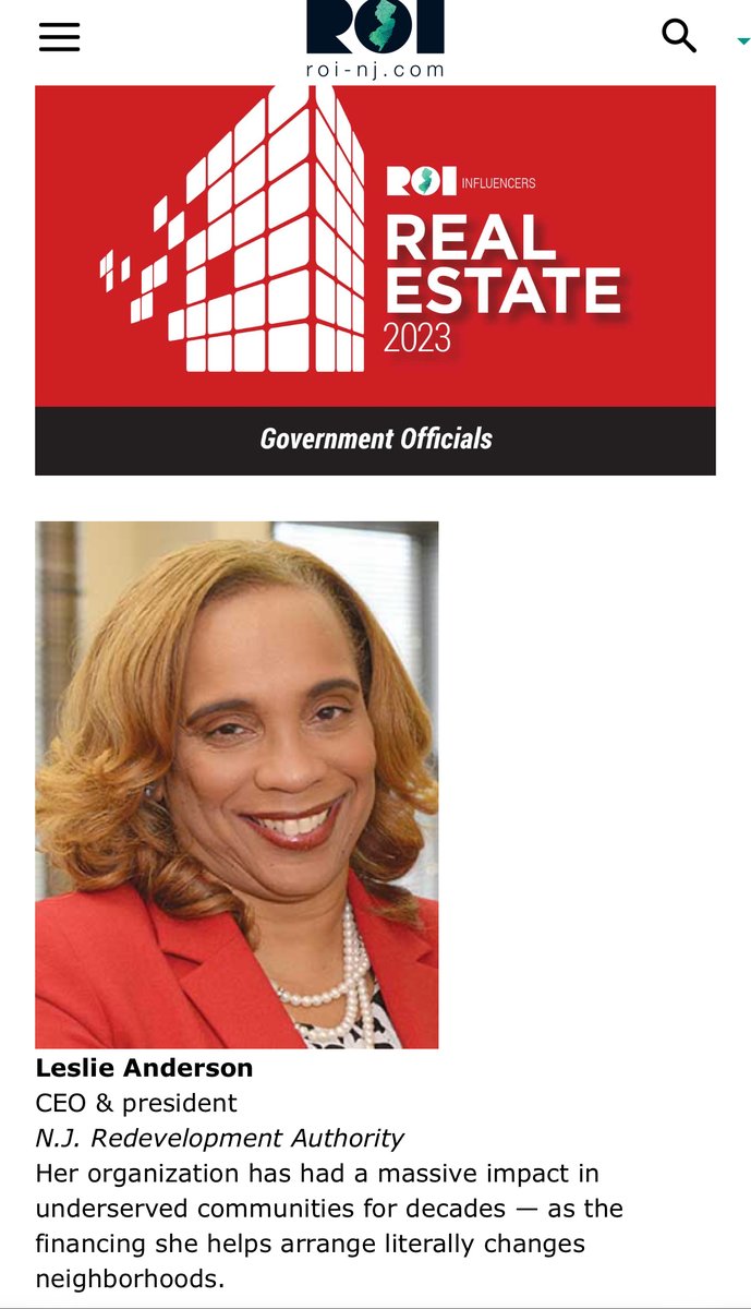 The NJRA appreciates @roinjnews for acknowledging @njra_ceo, Leslie A. Anderson on their 2023 ROI Influencers Real Estate List for Government Officials.  President and CEO Anderson works daily to create a culture of impactful change in our organization and our municipalities.