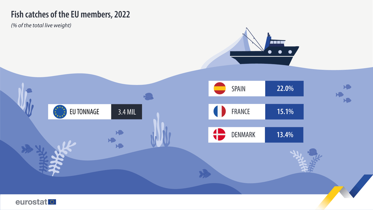 The total EU fish catch in 2022 was about 3.4 million tonnes of live weight from the 7 marine areas covered by EU statistics.🎣 🇪🇸Spain accounted for 22% (752 000 tonnes), followed by 🇫🇷France (15%; 517 000 tonnes) and 🇩🇰Denmark (13%; 459 000 tonnes) ➡️ europa.eu/!hj3HBV