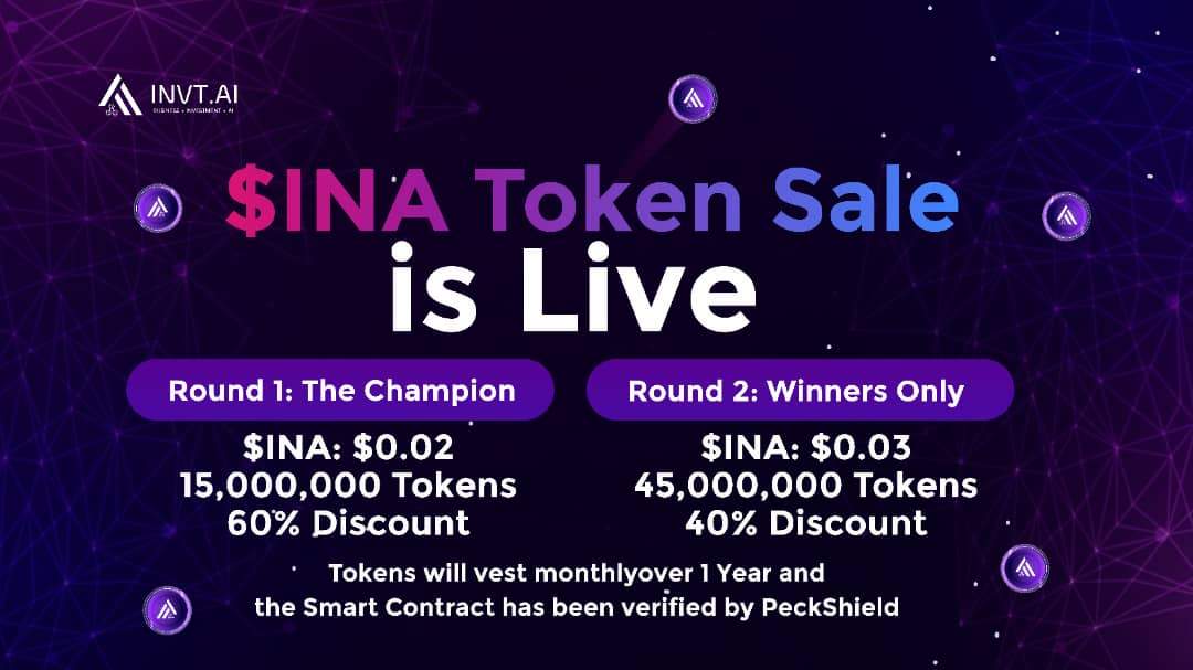 📢 Official Announcement: $INA Token Private Sale Launch 🚀 We're thrilled to announce that the highly anticipated $INA Token Private Sale is now live! 🔥 invt.ai/token-sale 🔒 Exclusive to whitelisted members, the sale is divided into two rounds: Round 1 - The Champion