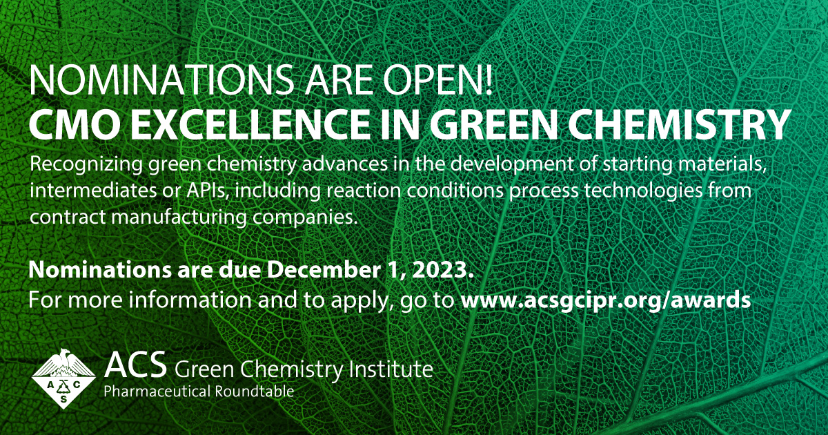 The CMO Excellence in Green Chemistry award recognizes #GreenChemistry advances in developing starting materials, intermediates, or APIs. Learn about this & other @ACSGCI Awards & submit your applications by Dec 1 at brnw.ch/21wED2W