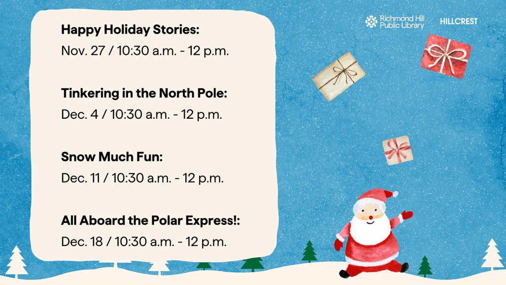 RichmondHillPL's tweet photo. βοΈπ Celebrate the holidays with RHPL and @Shop_Hillcrest! Immerse yourself in the magic of the season with a variety of festive programs. Let's make this holiday season extraordinary together! Find out more: https://t.co/S6IeshvLGW #HappyHolidays #HolidayPrograms https://t.co/AF7AiNtrRO