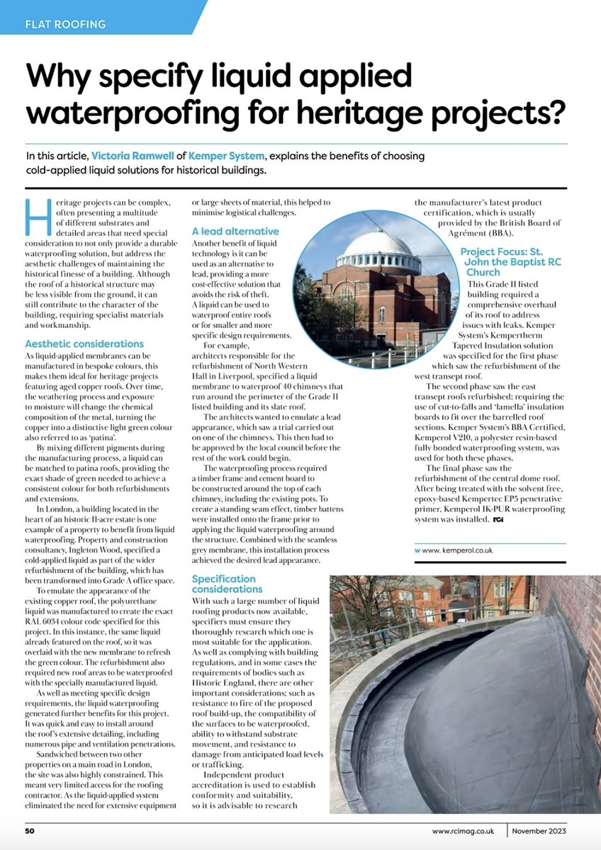 Why specify liquid applied waterproofing for heritage projects?
In the latest issue of <a href="/RCIMag/">RCI Magazine</a>, Victoria Ramwell explains the benefits of choosing cold-applied liquid solutions for historical buildings (p50) 👇🏼
rci.mydigitalpublication.co.uk/november-2023/…
#roofing #waterproofing