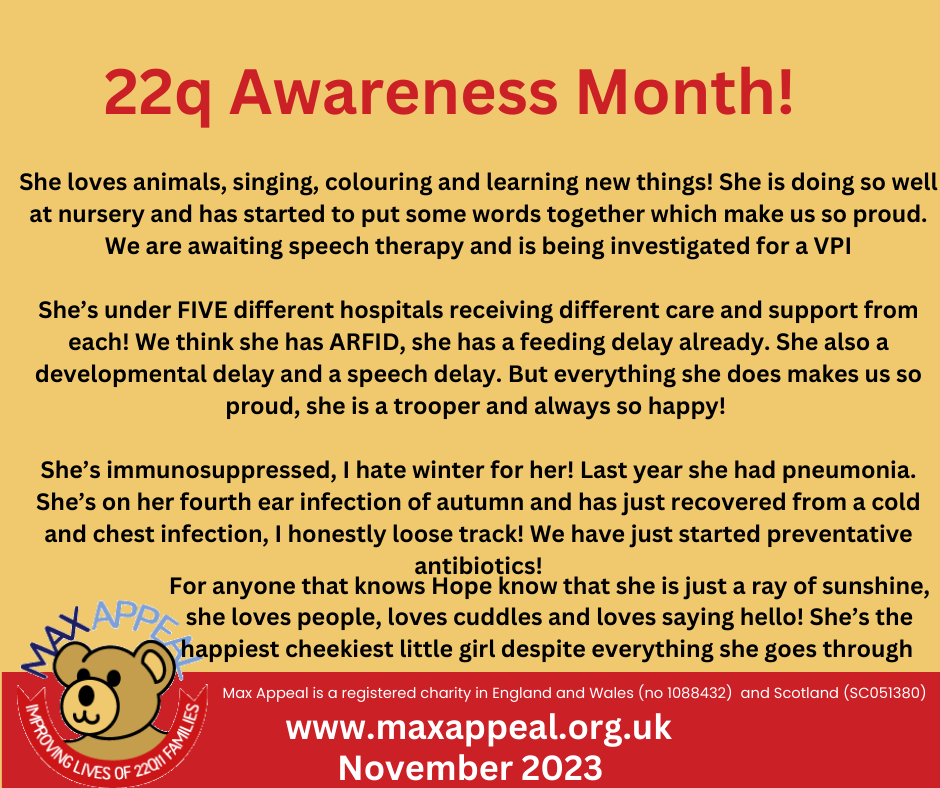 MaxAppealUK's tweet photo. 22q Awareness. Hope is 2.5 years old and is a ray of sunshine. #22q #maxappeal https://t.co/xfC4WNLajz