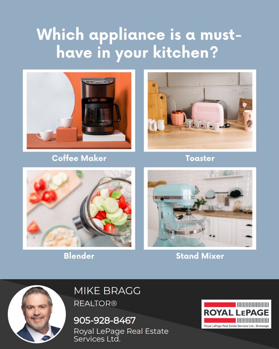 Which of these kitchen appliances is a must-have in your home? 

#kitchenessentials #homecooking #appliancedebate #kitchentalk #kitchenappliances #kitchengadgets #ontariorealtor #dreamhome #royallepage #oakville #milton #burlington #firsttimehomebuyer #seller #buyer