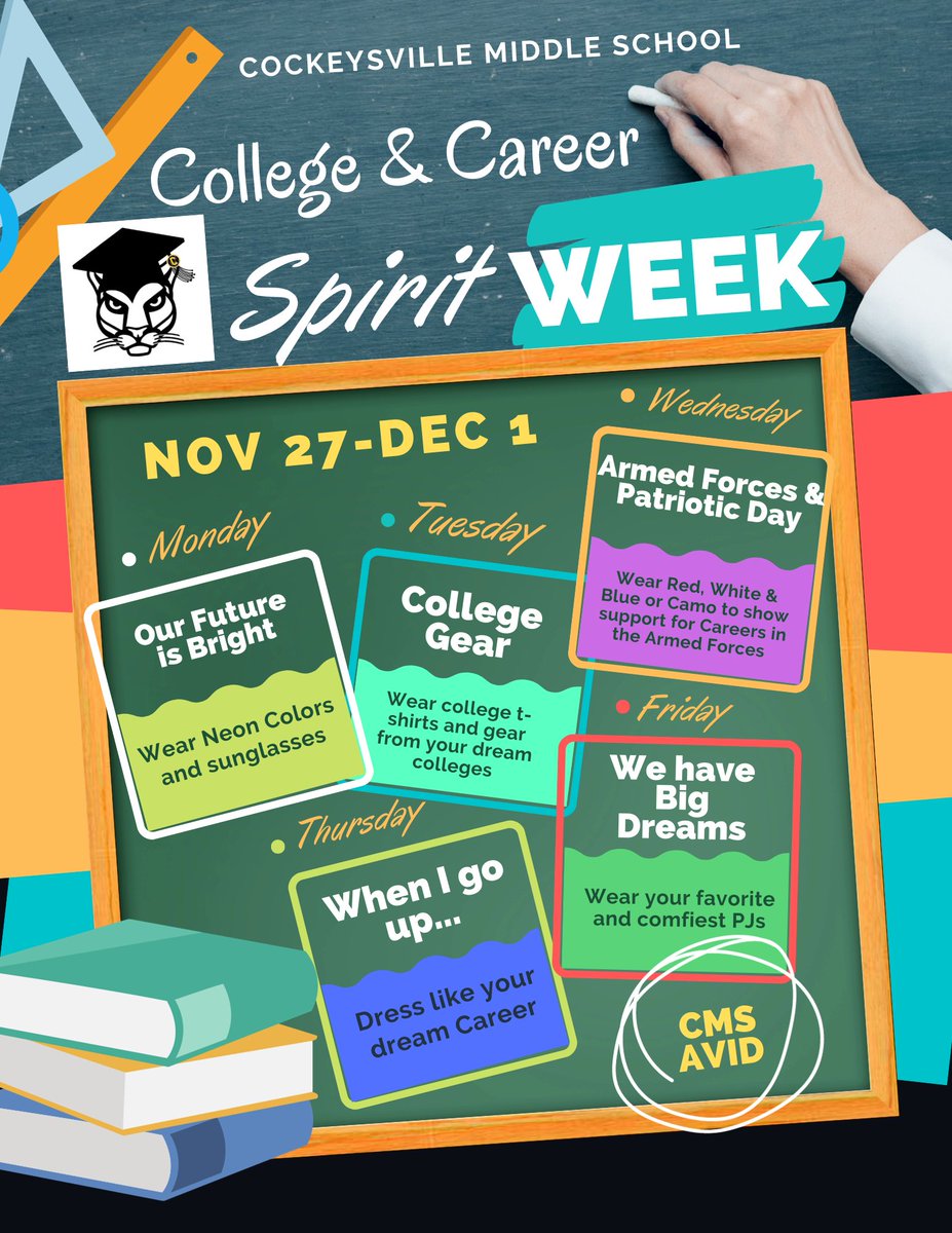 AVID is excited to sponsor a College &amp; Career Spirit Week <a href="/CockeysvilleMS/">Cockeysville Middle</a> next week! Join us by dressing to impress and celebrating the various college and career paths available to students. <a href="/AVID4College/">AVID</a> <a href="/CTE_BaltCoPS/">BCPS CTE Office</a> <a href="/MrCarneyCMS/">Mr. Carney</a> <a href="/jbenjaminBCPS/">Justin Benjamin</a> <a href="/MsFowler5/">Mrs. Williams</a>