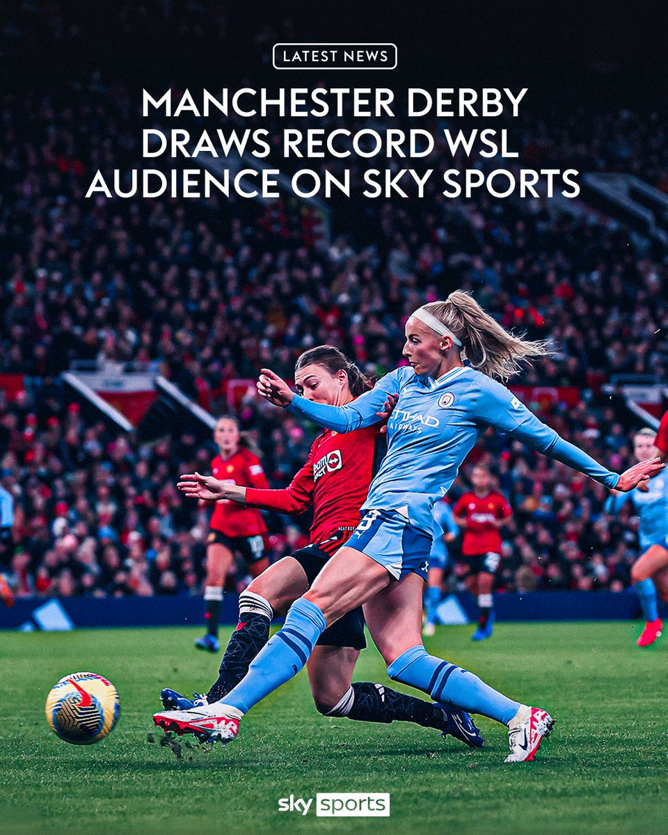 SkySportsWSL's tweet photo. Sunday's Manchester derby in the WSL saw record in-home audiences on Sky Sports 🤩
 
An average of 485k (peaking at 589k) tuned in to watch Manchester City's victory over rivals Manchester United at Old Trafford 🔴🔵 https://t.co/NTALNF9vE3