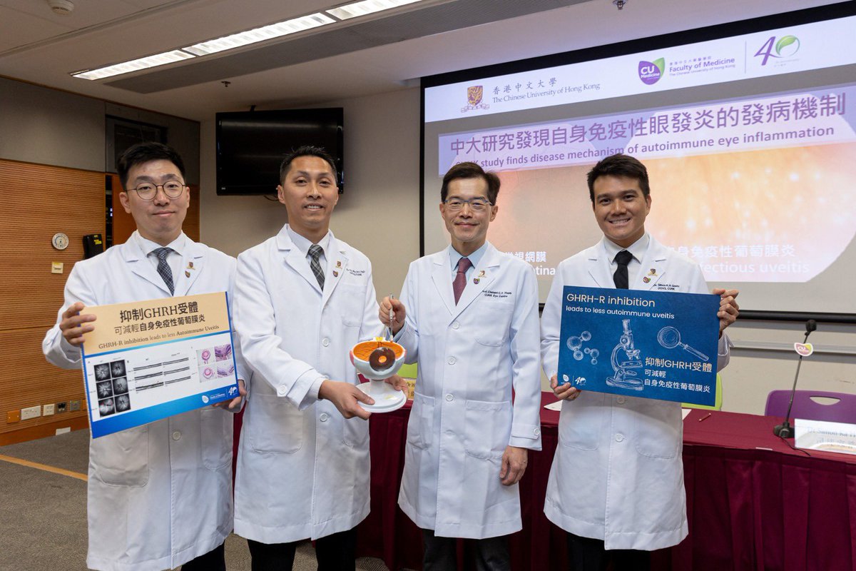 CUHKMedicine's tweet photo. Our study found the disease mechanism behind #autoimmune #eye #inflammation, paving the way for new treatment. By targeting the neuroendocrine #GHRH pathway, researchers discovered existing approved drugs that can suppress the disease-causing #Th17 cells. https://t.co/UnRrf9NiOL
📖 @NatureComms: https://t.co/Bg4ApZwvC1