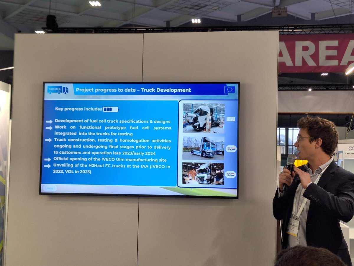 H2Haul's tweet image. Just started! #H2Haul session at the @EUH2Week 
@ERM Introducing project's achievements and lessons learned, risks and challenges. 
#hydrogentrucks #cleantransportation 
@CleanHydrogenEU @H2Europe