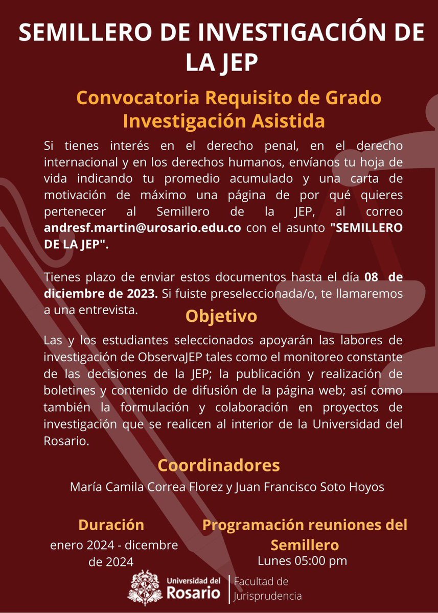 📣 🚨 ATENCIÓN ESTUDIANTES DE <a href="/Juris_urosario/">Facultad de Jurisprudencia - URosario</a>: ya está abierta la convocatoria para ser parte del Semillero de Investigación JEP ‼️‼️.