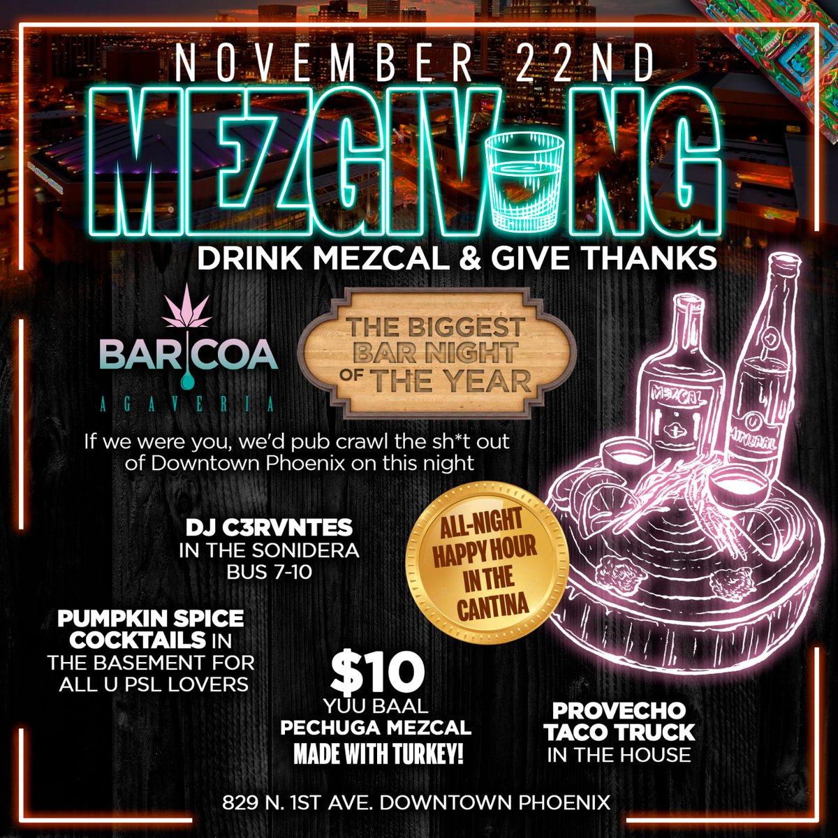 On this Thanksgiving, we give thanks for mezcal, tequila, margaritas, and $10 pechuga shots at BARCOA. Swing thru tomorrow night! #phoenix #dtphx #arizona #mezcalbar #phxaz #mezcal