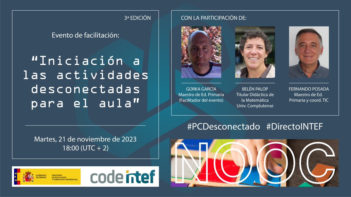 educaINTEF's tweet photo. 📢 ¡No te pierdas el evento en directo sobre #PCDesconectado.
💻 En apenas unas horas, únete a Gorka García, Belen Palop del Río y Fernando Posada Prieto en nuestro canal de @YouTube
👉https://t.co/xMK0fSx6RE 👈
¡Participa con nosotros/as en los comentarios! #DirectoINTEF https://t.co/ut4yEqLeMa
