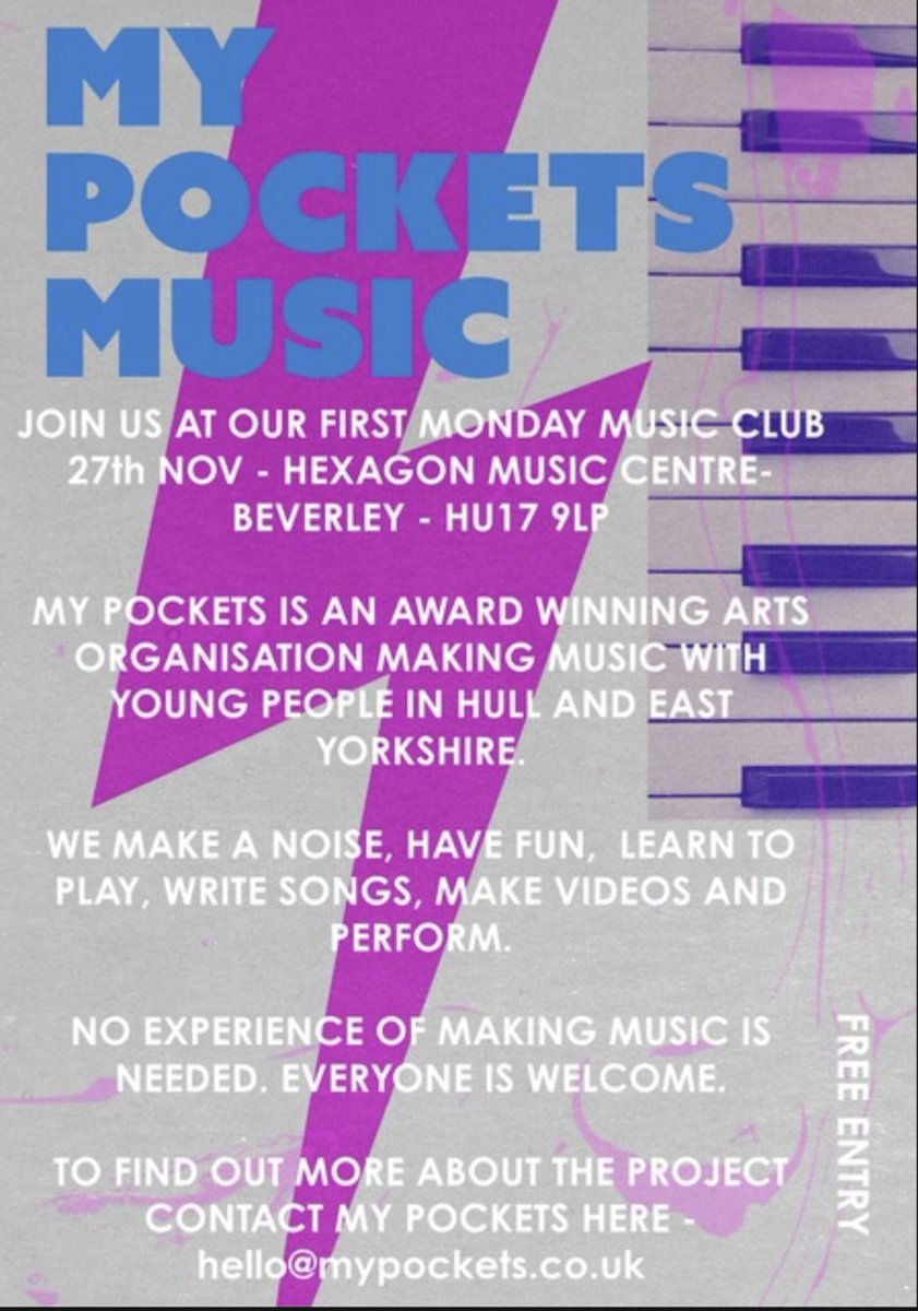 A great opportunity for all young people who love music to be involved in FREE music sessions with <a href="/MyPocketsArts/">My Pockets</a> starting Monday 27th November 5-7 pm. For more information please email: hello@mypockets.co.uk
#music #youngpeople #creative #eastriding #hull