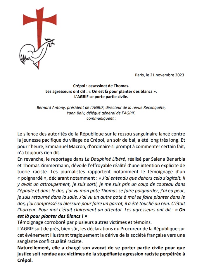 Agrif_'s tweet image. #Crepol 
#Thomas 

Crépol :  « On est là pour planter des blancs ».
@Agrif_  se porte partie civile.

Soutenez et relayez nos actions : lagrif.fr