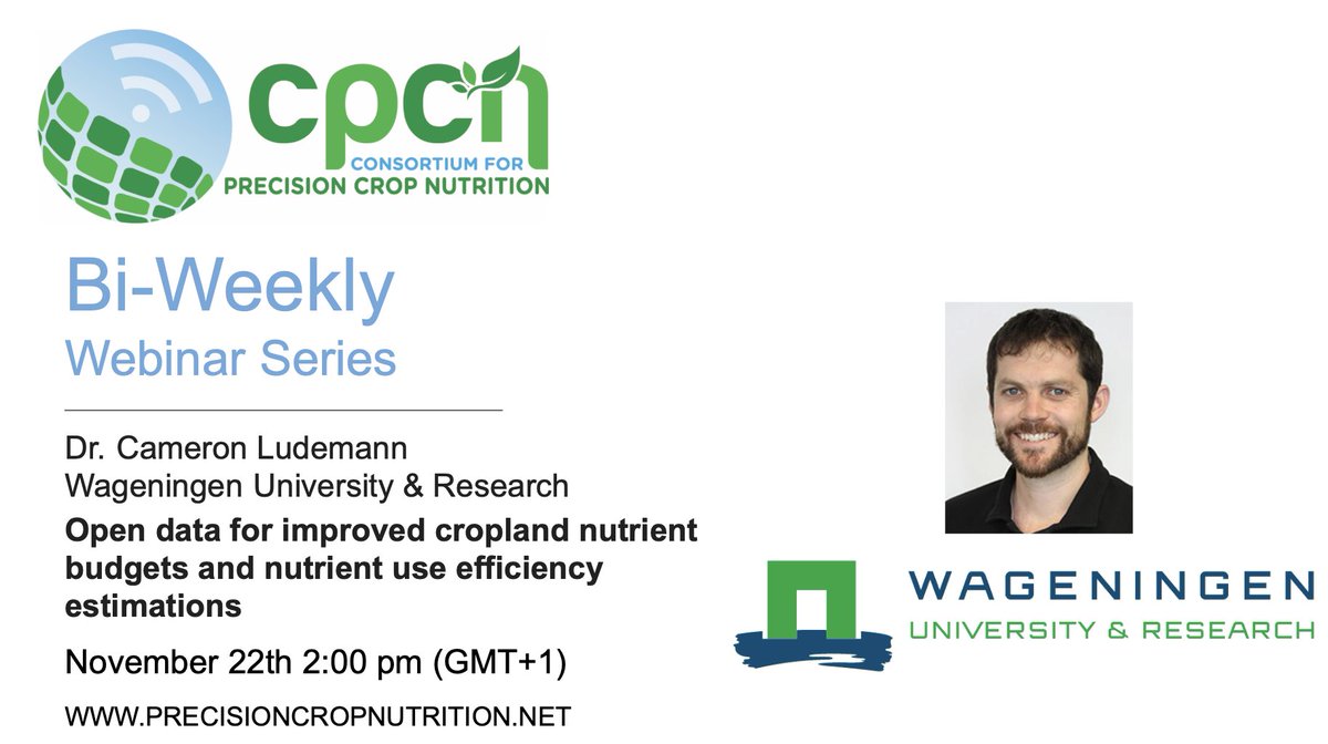 PlantAfrican's tweet photo. Join us tomorrow November 22th at 2:00 (GMT+1) for our next #CPCN Seminar delivered by Dr. Cameron Ludemann of @WUR. His title is “Open data for improved cropland nutrient budgets & nutrient use efficiency estimations". Seminar link: https://t.co/xS288w9NFo https://t.co/sPdId0fgjO