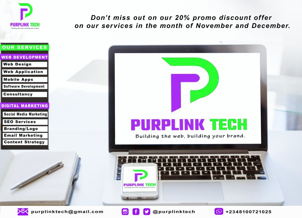 librettopublish's tweet photo. Hello, everyone!

We present to you all, @purplinktech company.

Purplink Tech Company is a Nigerian service-based company that offers quality, affordable, and reliable web development services to clients who need help with designing, building, and maintaining their websites. https://t.co/4IQ0cdq40A