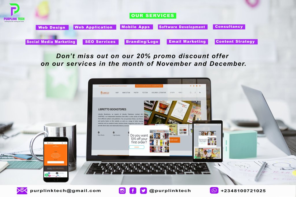 librettopublish's tweet photo. Hello, everyone!

We present to you all, @purplinktech company.

Purplink Tech Company is a Nigerian service-based company that offers quality, affordable, and reliable web development services to clients who need help with designing, building, and maintaining their websites. https://t.co/4IQ0cdq40A
