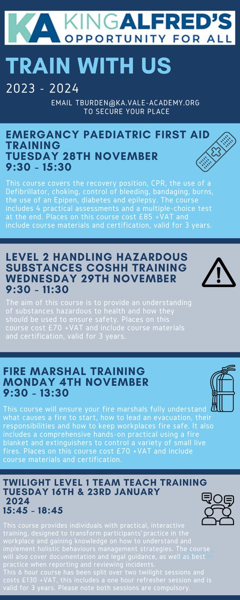 KAs_Wantage's tweet image. Train with us at KA&apos;s 2023 - 2024! #staffdevelopment #COSHH #firemarshal #firstaid