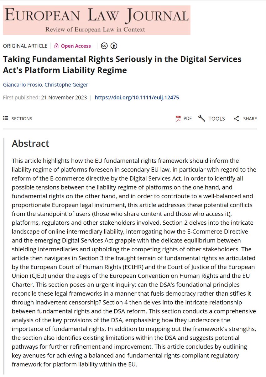 GCFrosio's tweet photo. 📢 Excited to share my latest publication with @ChristopheGeig1 in the @EURLAWJ: "Taking #FRs Seriously in the #DSA's Platform Liability Regime" on #EU's efforts to balance platform liability with #FRs. Open Access at
🔗https://t.co/58CFEVZMuk @qubschooloflaw @GIPTechCentre https://t.co/FsrihfkHMN