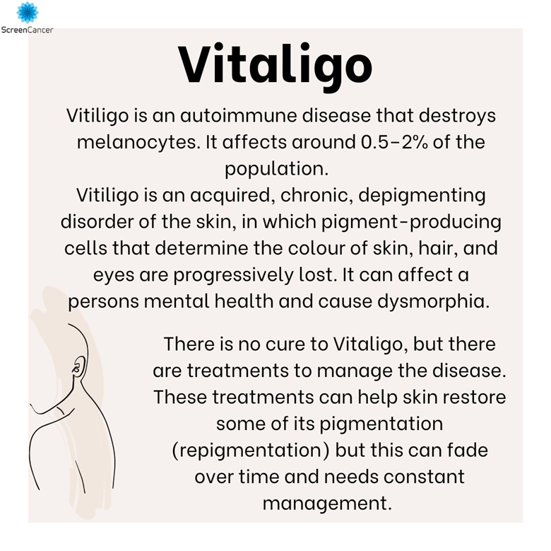 ScreenCancer_UK's tweet image. Do you know what #Vitaligo is?
Do you know how this skin disease can affect the body and mind?🧠
#MentalHealth #SkinCondition