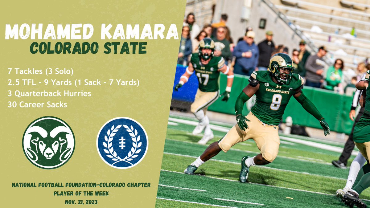 Mohamed Kamara of @CSUFootball is this week's @NFFNetwork Colorado Chapter Player of the Week! 🏈 7 Tackles (3 Solo) 🏈 2.5 TFL-9 Yds 🏈 1 Sack-7 Yds 🏈 3 QB Hurries 🏈 30-20 Home Win #ColoradoFootball @CSURams