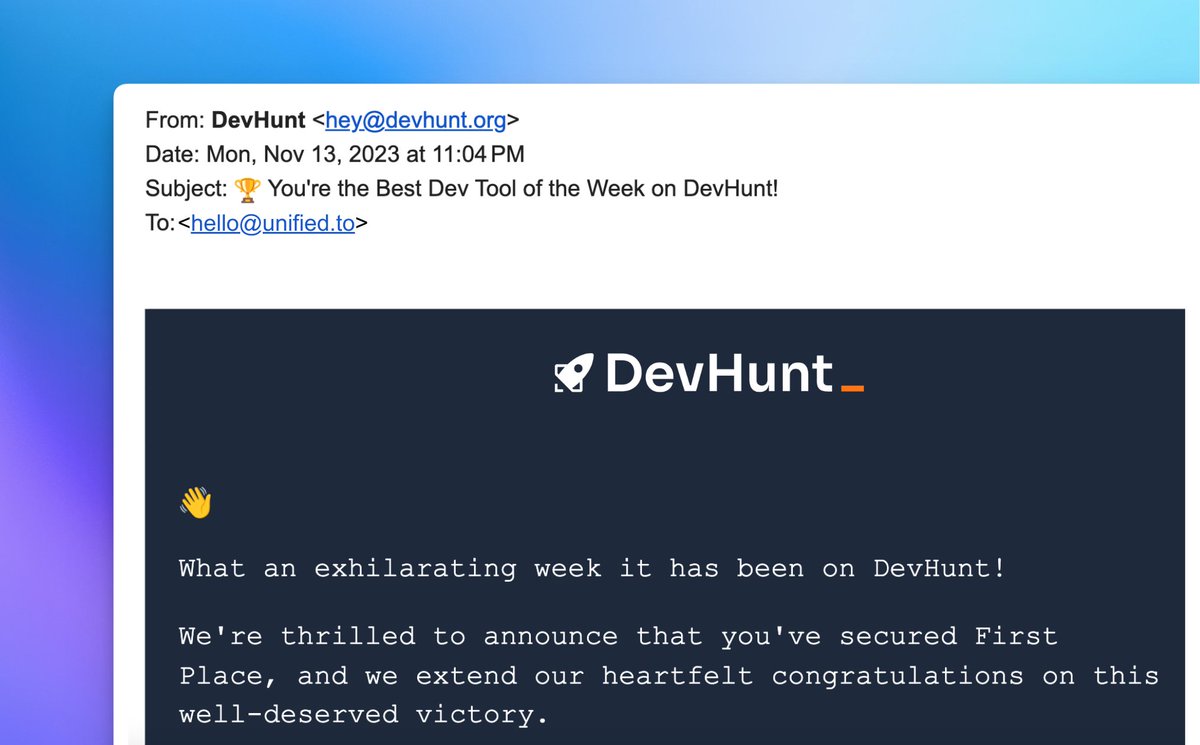 unified_api's tweet image. We're excited to share our API integration-as-a-service solution has been voted Best Dev Tool of the Week on @devhunt_ !🏆 #UnifiedAPI #API