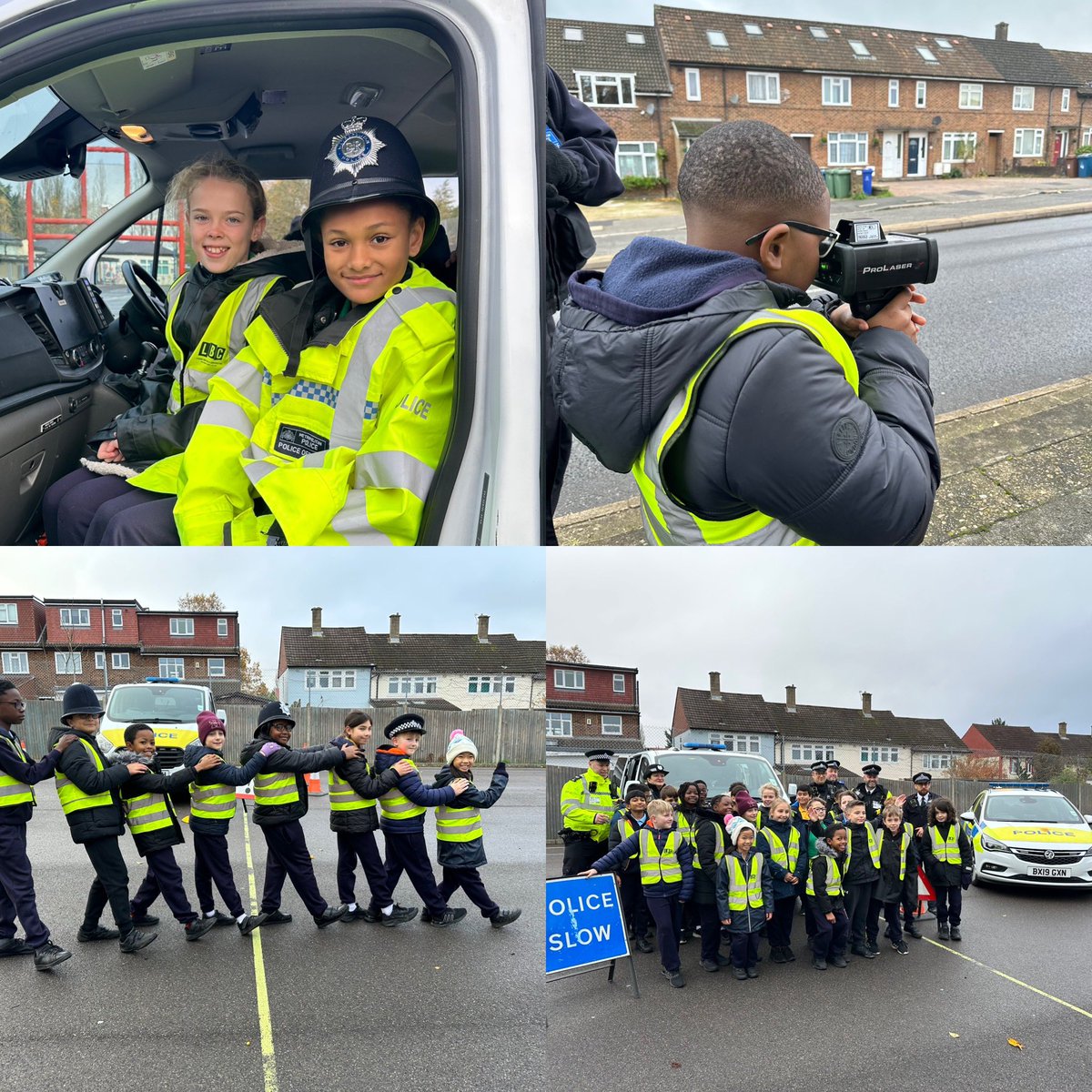 Year 5 have had a very exciting morning working with the @MPSRTPC We have been patrolling the local area and educating the public on the risks associated with speeding. This morning we pulled over 9 drivers who were speeding near our school! #StTs 🚓👮‍♀️👮‍♂️🚔