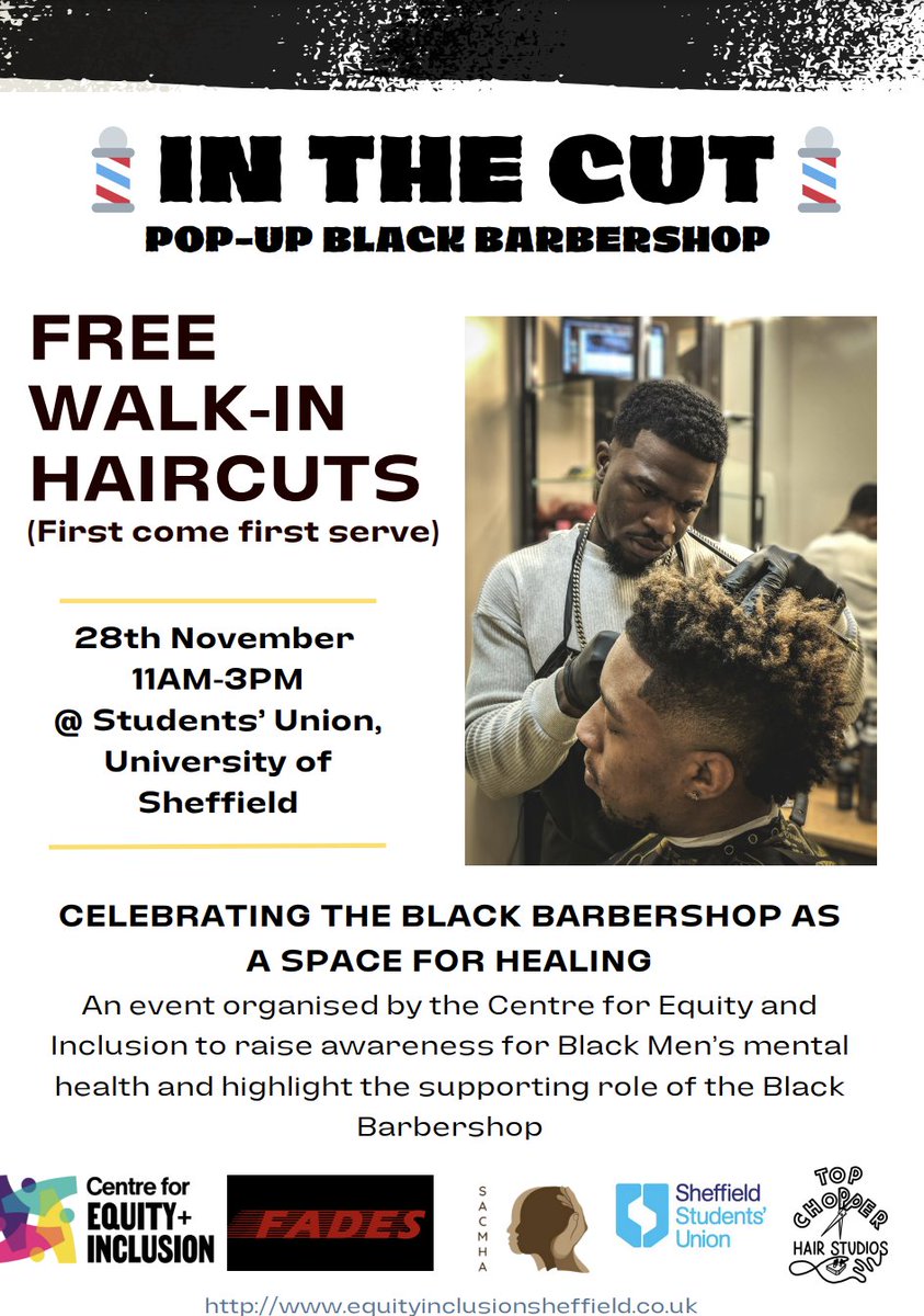 You may remember our guest writer @Maco1e and his brilliant piece on Sheffield barbershops as a place of community and healing - now he's arranged a brilliant event with @CEI_Sheffield and a few others to provide a free pop-up Black barbershop: