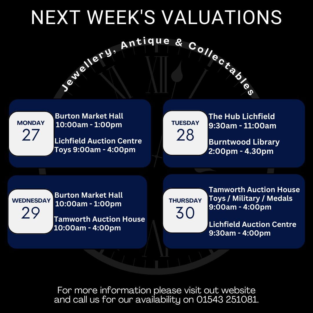Auctionwint's tweet photo. Dates for your diary!
Are you curious on an item and would love to have it valued?
Our specialists can help. Here is next weeks valuations dates with the location and times π
If you would like to book in please contact us on 01543 251081 π
#valuationdates #auctionvaluations https://t.co/Wz3JsImMWc