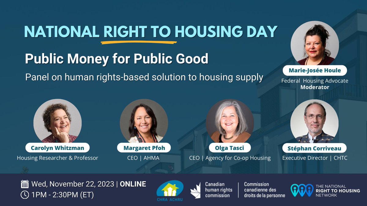 On #NationalRighttoHousingDay, @HousingLogement and @R2Hnetwork are co-hosting a panel discussion on human rights-based solutions to scaling up housing supply. Hear from a panel of housing experts including @AgencyCoop.

Register: bit.ly/47hpejC