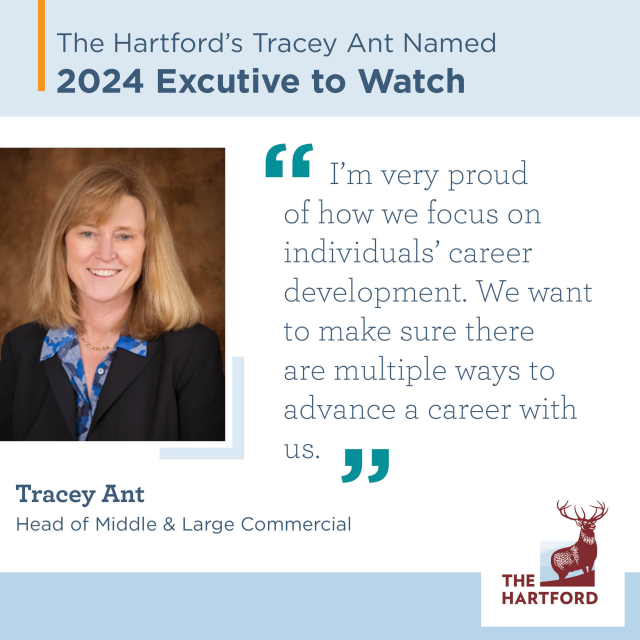 Tracey Ant, head of Middle &amp; Large Commercial, The Hartford, was recently named to the Risk &amp; Insurance list of 2024 Executives to Watch. She was recognized for her focus on employee career development. ms.spr.ly/6007iBFZP #IWork4TheHartford bit.ly/3sMfYp2
