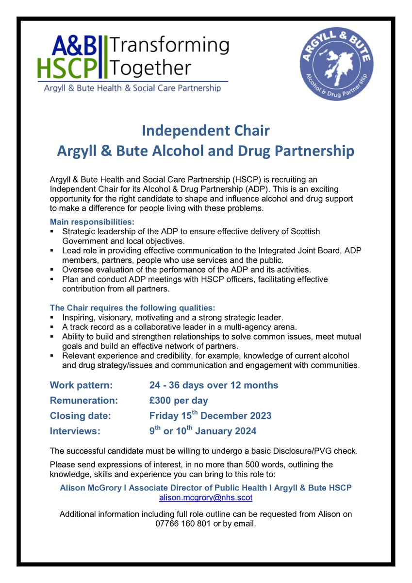 We're looking for a new chair to lead our Alcohol & Drug Partnership. Please like and share so we can get a great person to join our amazing and hardworking team. @ArgyllADP @argyllandbute @PSOSArgyllBute @abcommplanning @Argyll_ButeTSI @WithYouABRS @abhscpco @ElenaWhitham