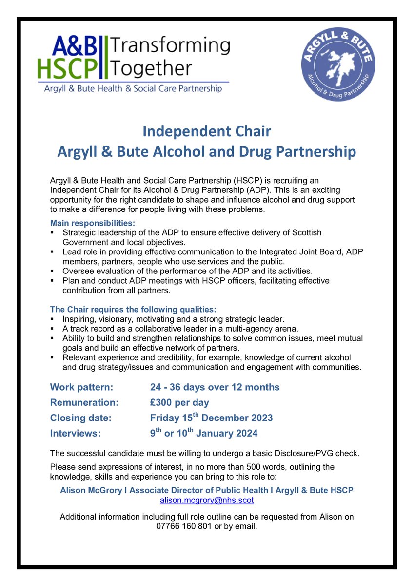 Alison Mcgrory (@alisonmcgrory12) on Twitter photo We're looking for a new chair to lead our Alcohol & Drug Partnership. Please like and share so we can get a great person to join our amazing and hardworking team.
<a href="/ArgyllADP/">Argyll and Bute ADP</a> <a href="/argyllandbute/">Argyll and Bute Council</a> <a href="/PSOSArgyllBute/">Police Scotland Argyll & Bute</a> @abcommplanning <a href="/Argyll_ButeTSI/">Argyll&Bute TSI</a> <a href="/WithYouABRS/">Argyll and Bute</a> <a href="/abhscpco/">Argyll and Bute HSCP Chief Officer</a> <a href="/ElenaWhitham/">Elena Whitham MSP</a> We're looking for a new chair to lead our Alcohol & Drug Partnership. Please like and share so we can get a great person to join our amazing and hardworking team.
<a href="/ArgyllADP/">Argyll and Bute ADP</a> <a href="/argyllandbute/">Argyll and Bute Council</a> <a href="/PSOSArgyllBute/">Police Scotland Argyll & Bute</a> @abcommplanning <a href="/Argyll_ButeTSI/">Argyll&Bute TSI</a> <a href="/WithYouABRS/">Argyll and Bute</a> <a href="/abhscpco/">Argyll and Bute HSCP Chief Officer</a> <a href="/ElenaWhitham/">Elena Whitham MSP</a>