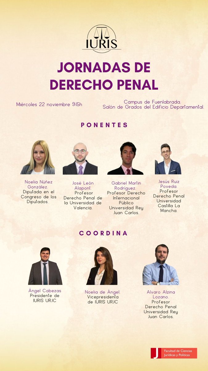 Mañana en ⁦<a href="/urjc/">URJC</a>⁩ participo junto a grandes compañeros en esta mesa de debate que organiza el área de Derecho Penal y IURIS URJC. Hablaremos de muchas cosas interesantes: medio ambiente, política penal internacional, delincuencia económica … ¡¡estáis todos invitados !!