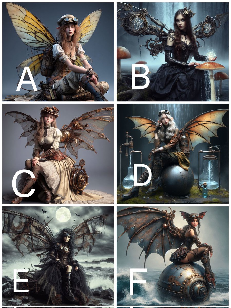 Which wings should I have on  my Steampunk Fairy character?

#steampunk #steampunkfairy #strampunkfashion #steampunkcosplay #cosplay #fairy
