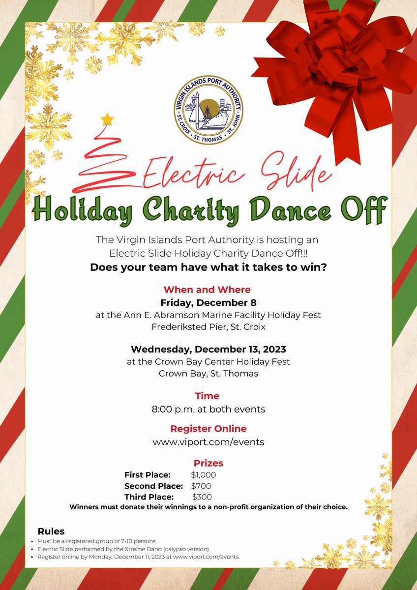 CrownBayCenter's tweet photo. VIPA is hosting an Electric Slide Holiday Charity Dance Off!!!  Does your team have what it takes to win?

When and Where 
-Dec. 8 Frederiksted Pier STX
-Dec. 13, 2023 Crown Bay Center Holiday Fest STT

Time: 8:00 p.m. at both events
Register Online: https://t.co/lvqDZAluRy https://t.co/v7ErbZLBdO