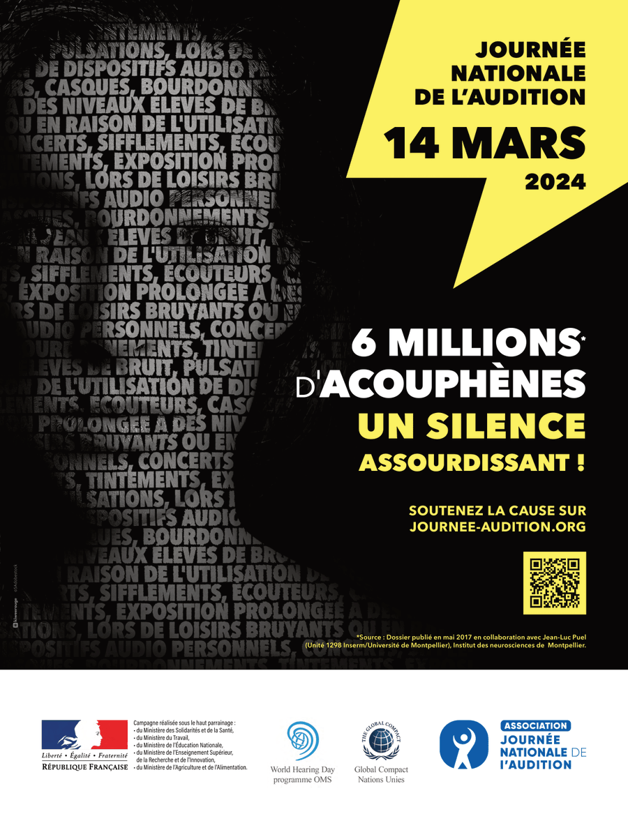 | EVENEMENT | 6 millions d'acouphènes, un silence assourdissant  ! En 2014, 16 millions de personnes concernées. En 2024, où en sommes-nous ? Ensemble, agissons lors de la 27e Journée Nationale de l’Audition 2024 pour une meilleure reconnaissance et prévention. #JNA2024 #Santé