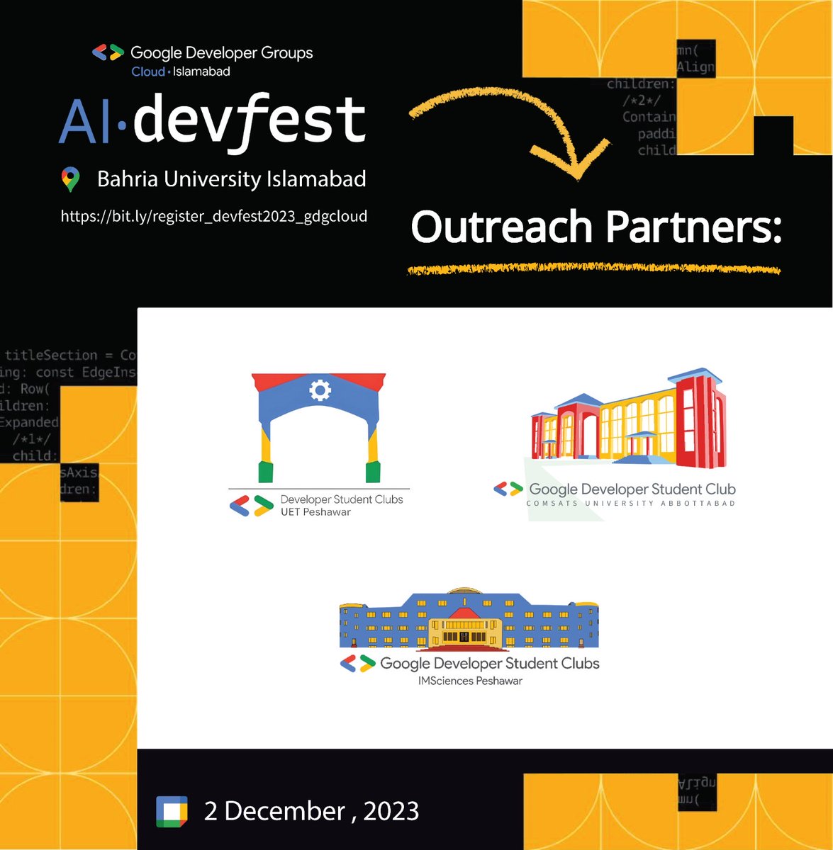 🌐 GDG Cloud Islamabad is delighted to announce our collaboration with the incredible
<a href="/GDSCIMSciences/">GDSC IMSciences</a>
<a href="/gdscvuatk/">GDSC - Virtual University of Pakistan Attock</a>
GDSC CUIA
GDSC Air University  for Cloud AI Devfest Islamabad 2023 . A warm welcome to all GDSC chapters 🤝
🔗 Secure your spot now:
bit.ly/register_devfe…