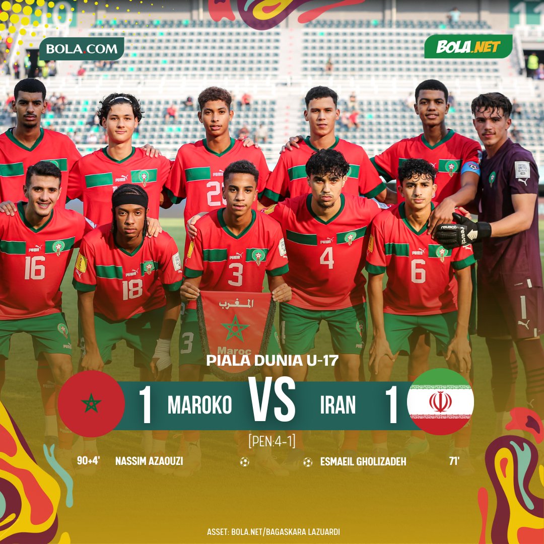 Bolanet's tweet photo. #LiveBolanet FT: Maroko U-17 1-1 Iran U-17 (Pen:4-1) | Possessions: 40%-60% | Shots: 17-10 | Fouls: 19-9

Drama Adu Penalti Bawa Maroko Kalahkan Iran di Gelora Bung Tomo https://t.co/8si2TFVCfC