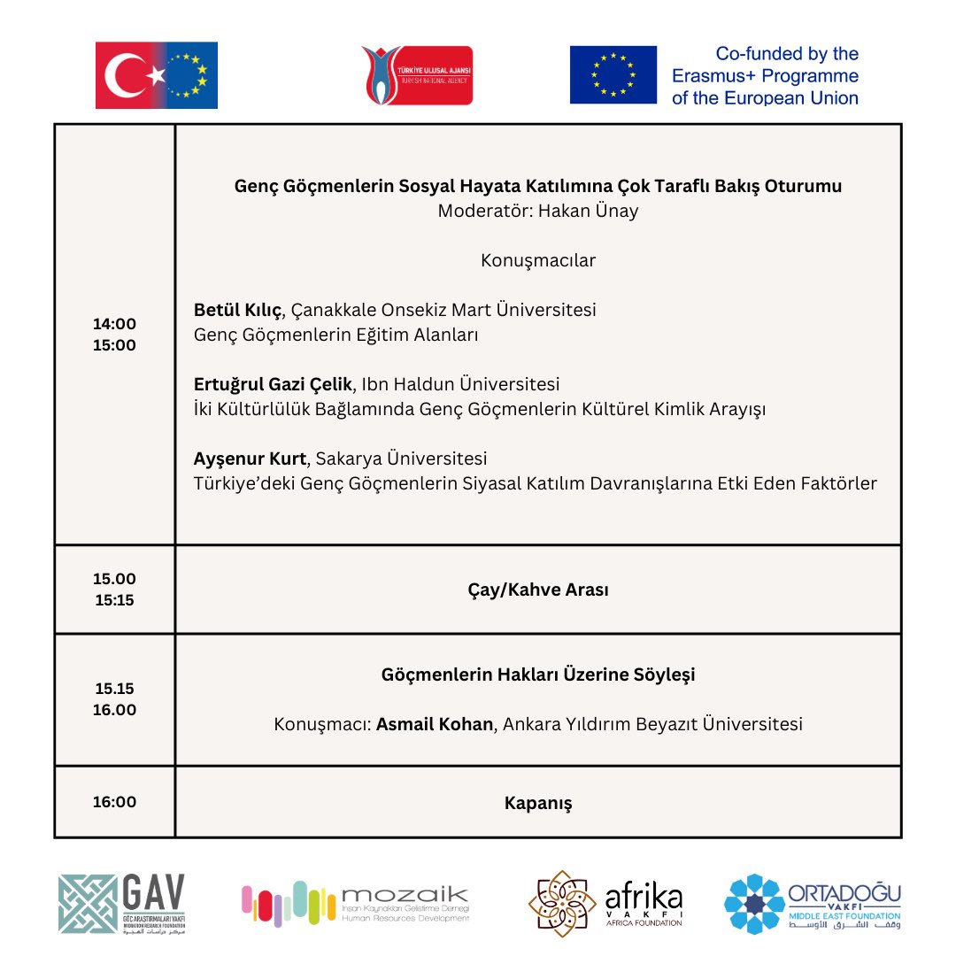 Ankara ve İstanbul’da yerli ve göçmen gençlerle gerçekleştirdiğimiz etkinliklerin ardından projemize sempozyumla devam ediyoruz. Göç çalışan, göçe ilgi duyan, göç deneyimi olan herkesi programımıza bekliyoruz ✨  

<a href="/ulusalajans/">Türkiye Ulusal Ajansı 🇹🇷 Turkish NA</a> <a href="/ABBaskanligi/">T.C. Dışişleri Bakanlığı Avrupa Birliği Başkanlığı</a> <a href="/Goc_Vakfi/">Göç Araştırmaları Vakfı</a> <a href="/afrikavakfi/">Afrika Vakfı</a> <a href="/OrtadoguVakfi/">Ortadoğu Vakfı</a>
