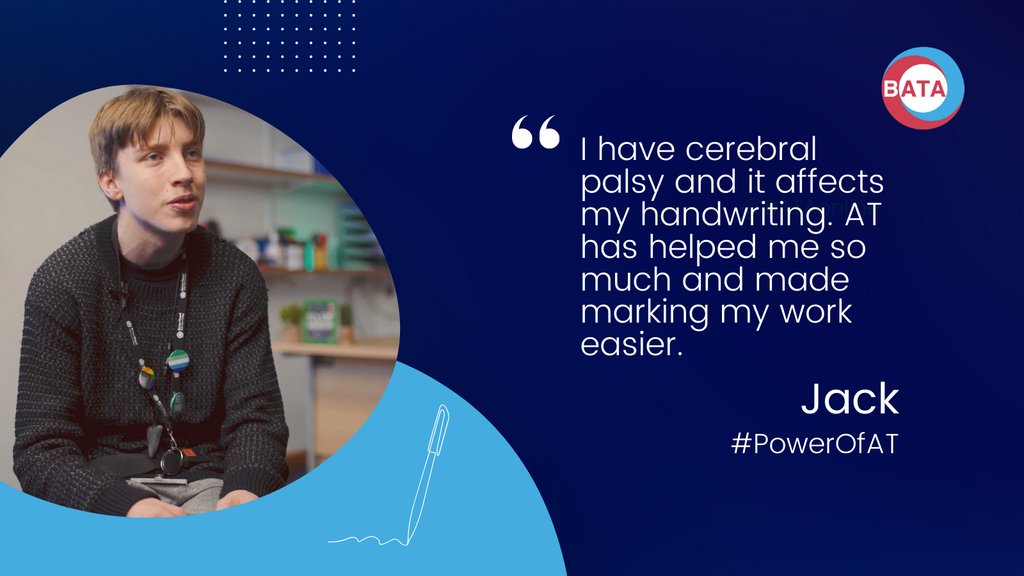 👋Meet Jack! 

Jack has cerebral palsy and it affects movements in his hands "AT has marking my work easier...I don't mind writing but I need more time" 

AT has so many benefits - and knowing that your writing will be understood is one of them.

Watch #PowerOfAT - link in bio!