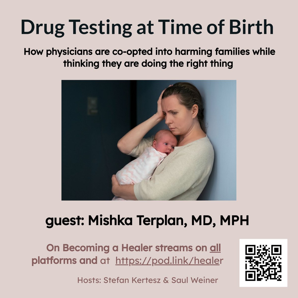 Drug testing at the time of birth is often followed by reporting positive results to Child Protective Services Are physicians being co-opted? New podcast from *On Becoming a Healer* with Dr Mishka Terplan, OB/G, FASAM pod.link/healer/episode… @do_less_harm @SaulWeiner