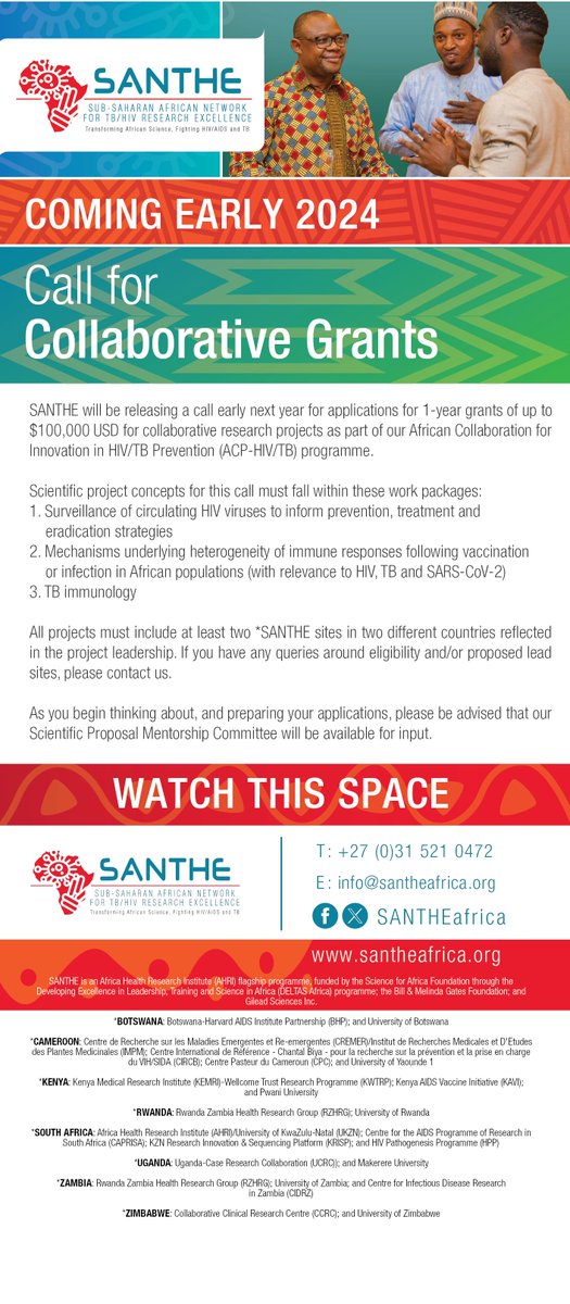 SANTHEafrica's tweet photo. #SANTHE will be seeking collaborative grant proposals early 2024. Start thinking about potential projects &amp; watch out for our call. @SciforAfrica #DELTASafricaII @gatesfoundation @GileadSciences  @AHRI_News @BotswanaHarvard @KEMRI_Wellcome @EmoryRZHRG 
#EmpoweringAfricanScience https://t.co/PLZMialaD8