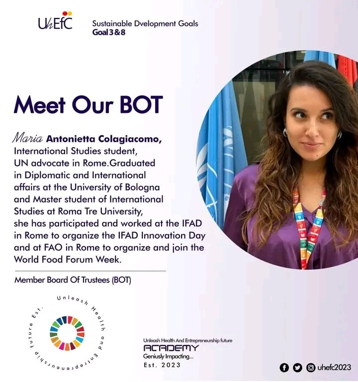 "Meet Maria Antonietta Colagiacomo, an influential force in international studies and a valuable member of UhEfC 
Academy's Board of Trustees (BOT). Join us in welcoming her expertise and passion! #SDG3 #SDG8 
#UhEfC2023 #GlobalLeaders"