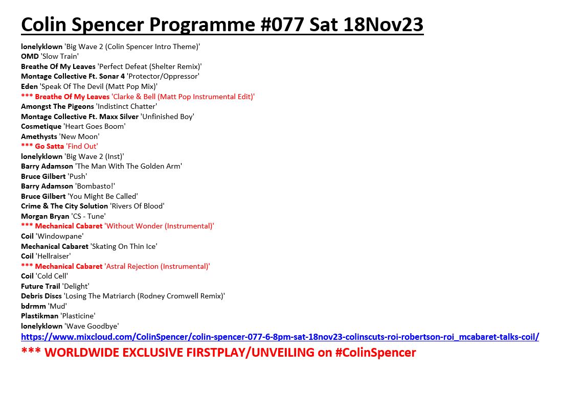 Colin Spencer #AllAboutTheMusic #GenerationBlitz (@colinscuts) on Twitter photo #ColinSpencer Programme #077
▶️mixcloud.com/ColinSpencer/c…
featured,
at least,
FOUR
worldwide #exclusive firstplays/premières/unveilings
amongst the self-released artists and output of labels including
<a href="/100__PERCENT/">100% Records</a>
@analoguetrash
<a href="/BlowUpRecords/">Blow Up Records</a>
<a href="/MuteUK/">Mute</a>
<a href="/NovaMute_/">NovaMute</a>
& <a href="/rockactionrecs/">Rock Action</a> #ColinSpencer Programme #077
▶️mixcloud.com/ColinSpencer/c…
featured,
at least,
FOUR
worldwide #exclusive firstplays/premières/unveilings
amongst the self-released artists and output of labels including
<a href="/100__PERCENT/">100% Records</a>
@analoguetrash
<a href="/BlowUpRecords/">Blow Up Records</a>
<a href="/MuteUK/">Mute</a>
<a href="/NovaMute_/">NovaMute</a>
& <a href="/rockactionrecs/">Rock Action</a>