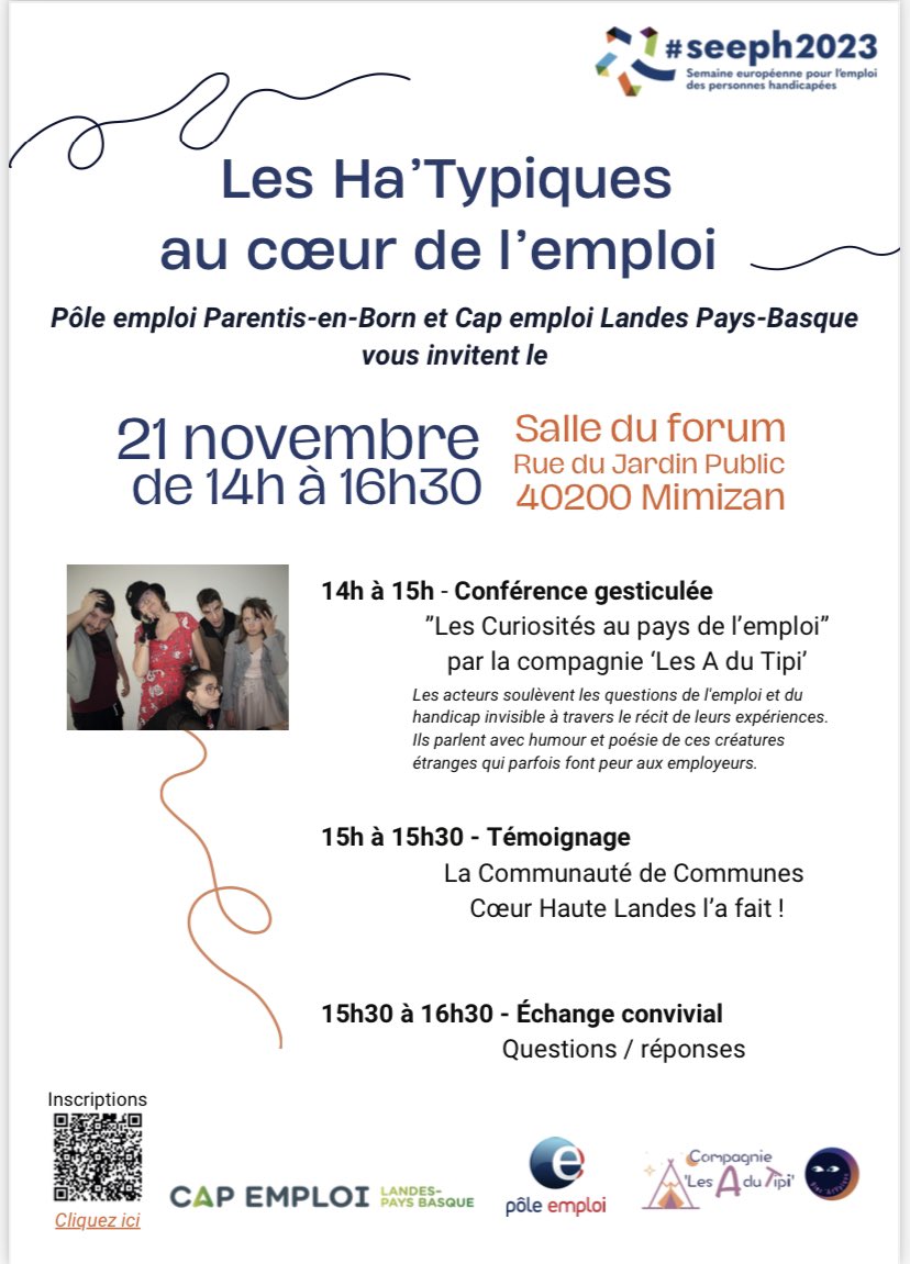 #SEEPH2023 #capemploi et #poleemploi de Parentis abordent le handicap au sein de l’entreprise par le biais d’une conférence gesticulée. Les acteurs soulèvent les questions de l'emploi et du handicap invisible à travers le récit de leurs expériences.
Ils parlent avec authenticité.