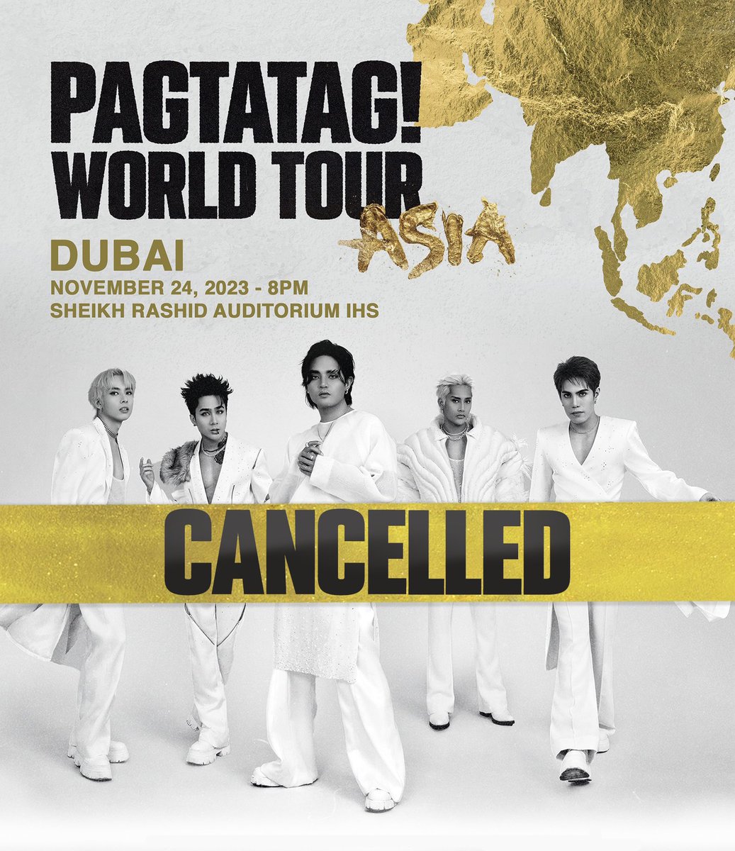 1zentertainment's tweet photo. It is with deep regret to announce the cancellation of the PAGTATAG! World Tour: Dubai
 
We deeply apologize to everyone inconvenienced by this cancellation. Your continuous patience and understanding are greatly appreciated. https://t.co/qXzJC5ttQu